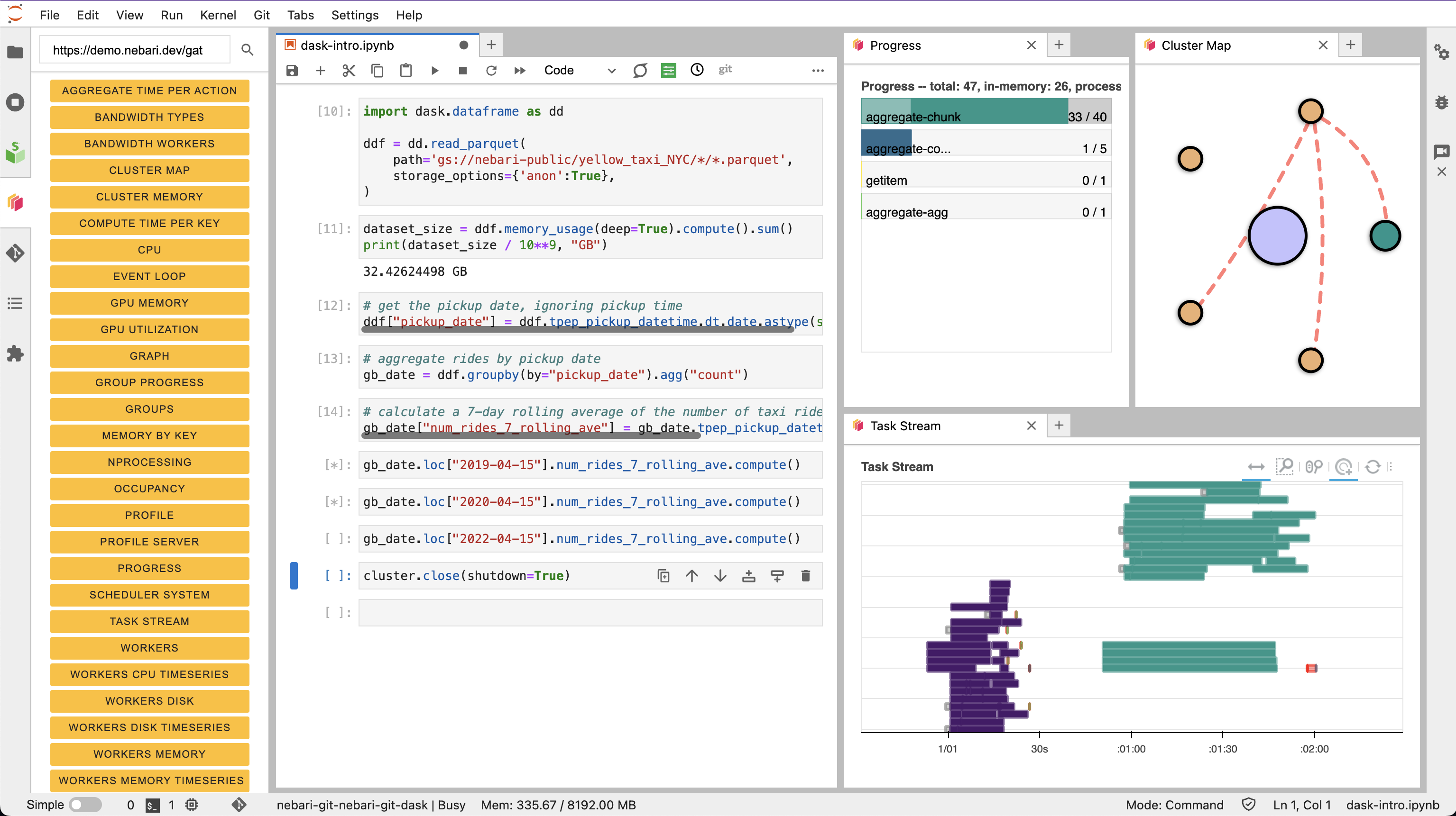 Dask-labextension UI In JupyterLab - displays the demo notebook and a list of cluster settings